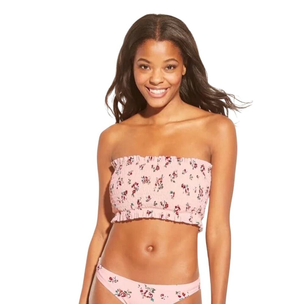 Xhilaration Swim Smocked Bandeau Pink Floral Bikini Top Small NWOT